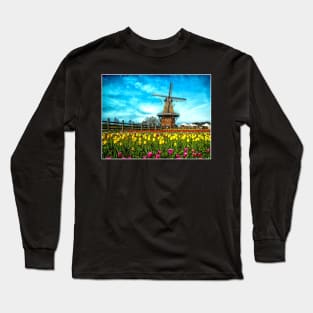 Windmill with Tulips Landscape Dutch Netherlands Scenic Print Long Sleeve T-Shirt